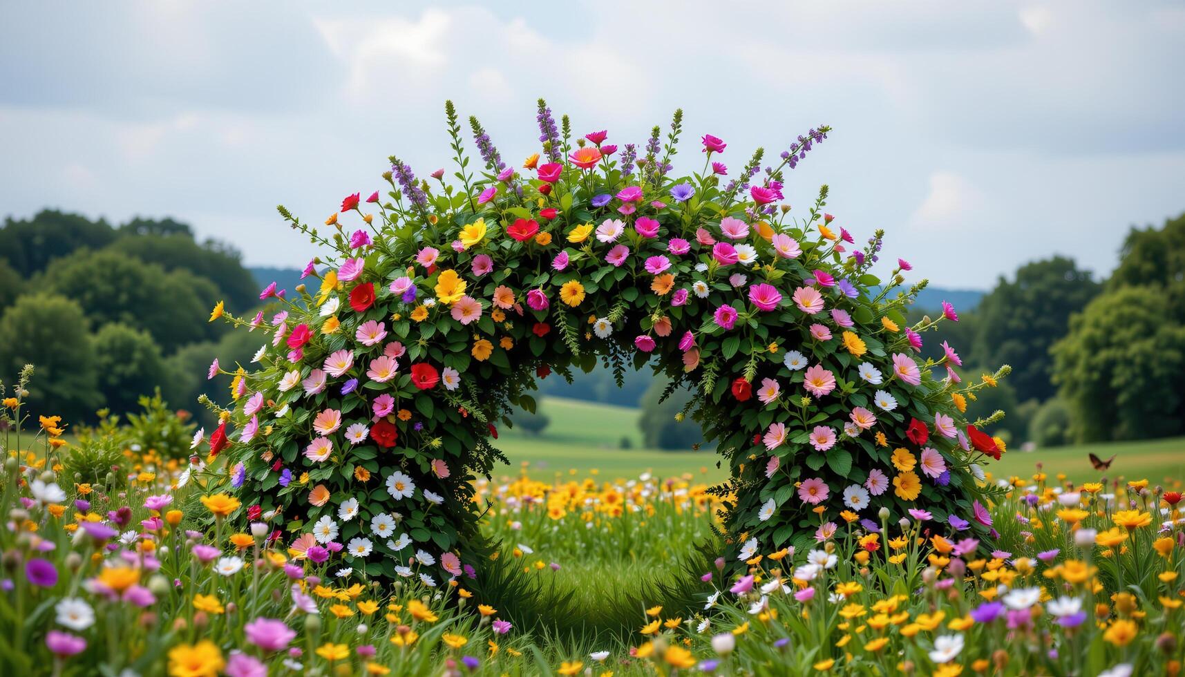 a thick, overgrown flower arch bursting with wildflowers of every color, appearing as if it grew naturally in the middle of a lush meadow. photo