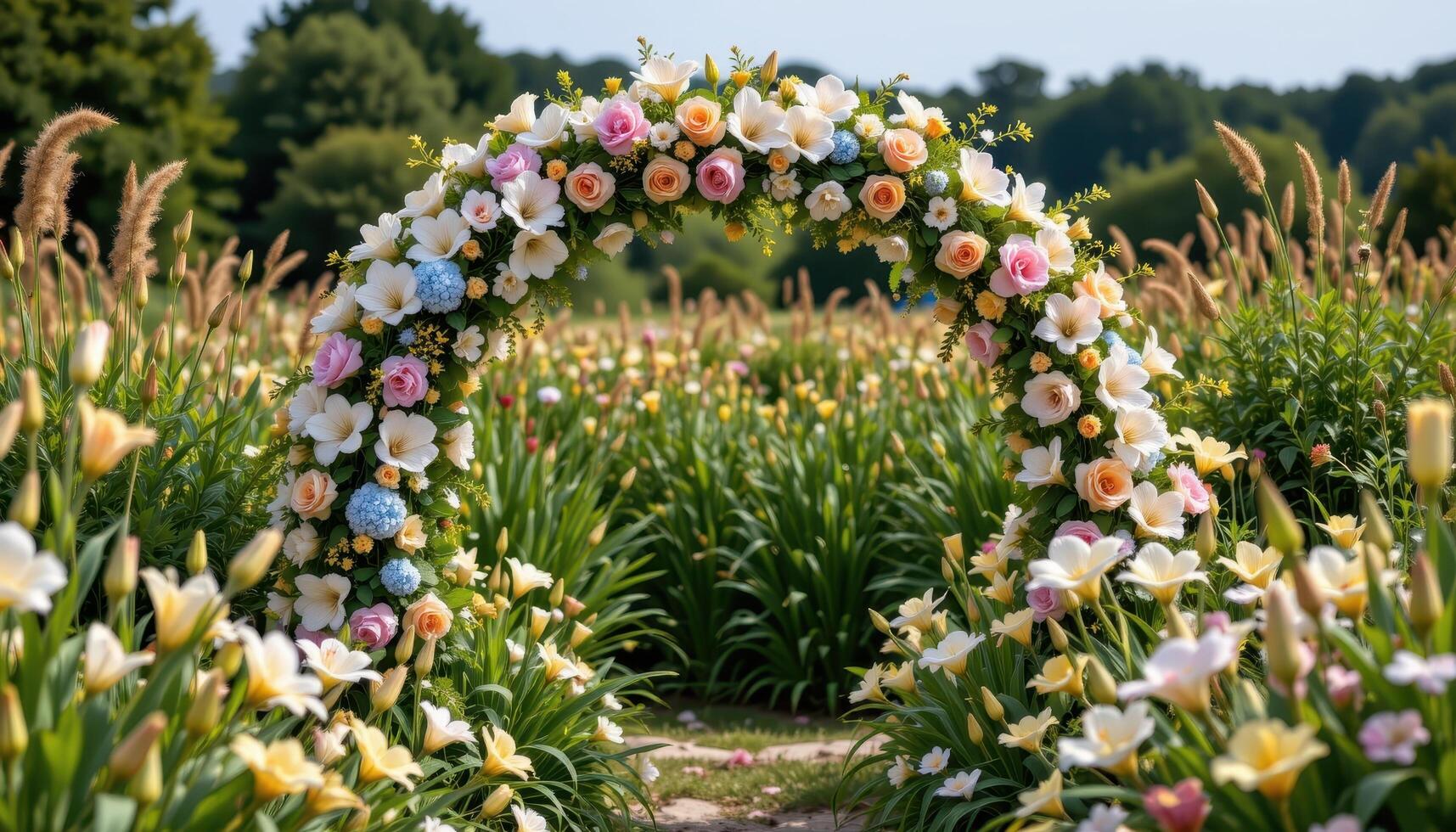 a half sunken floral arch blending seamlessly with the surrounding landscape of reeds and lilies. photo