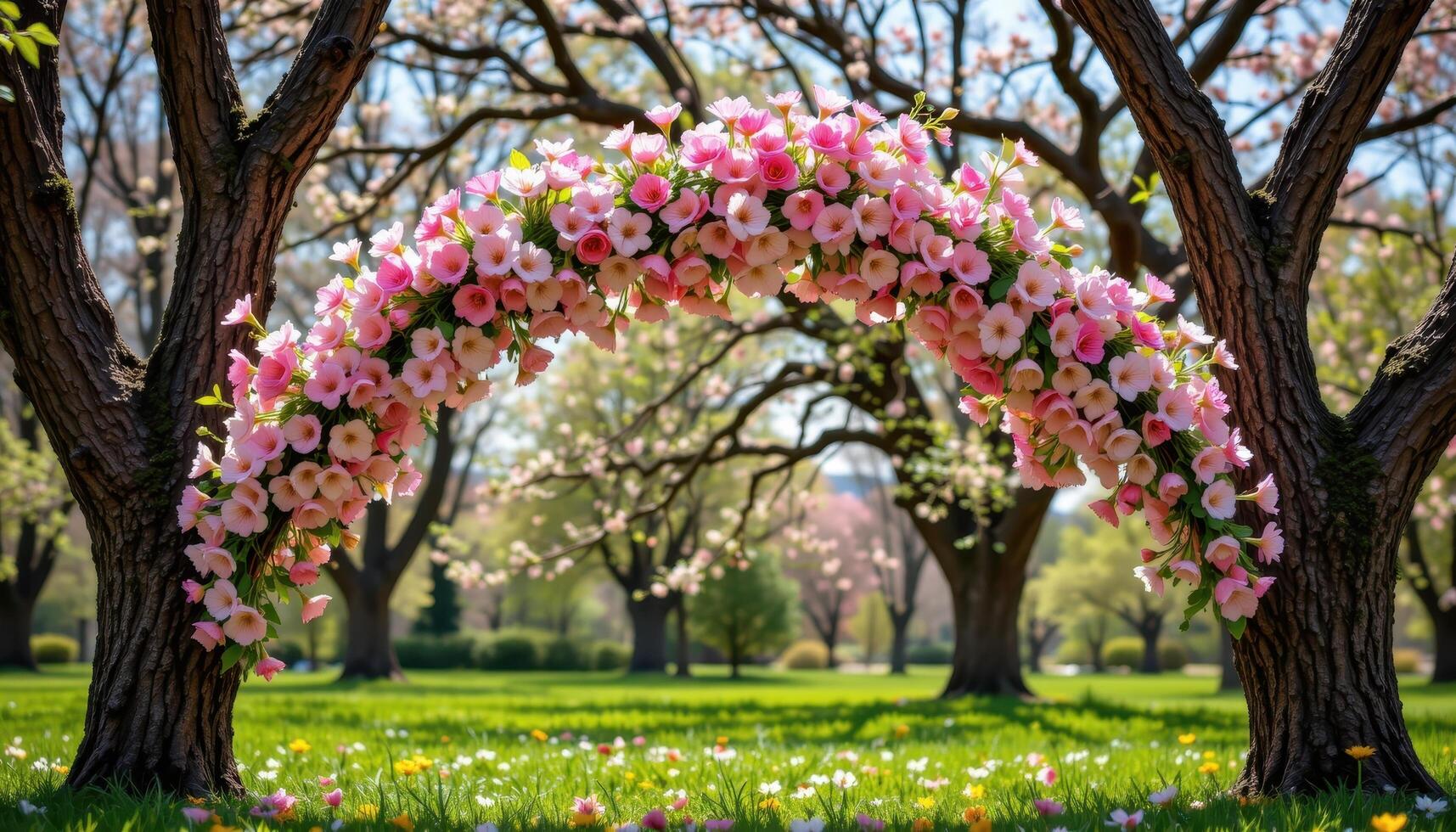a suspended arch of fresh spring flowers strung across two oak trees in an untouched grove. photo