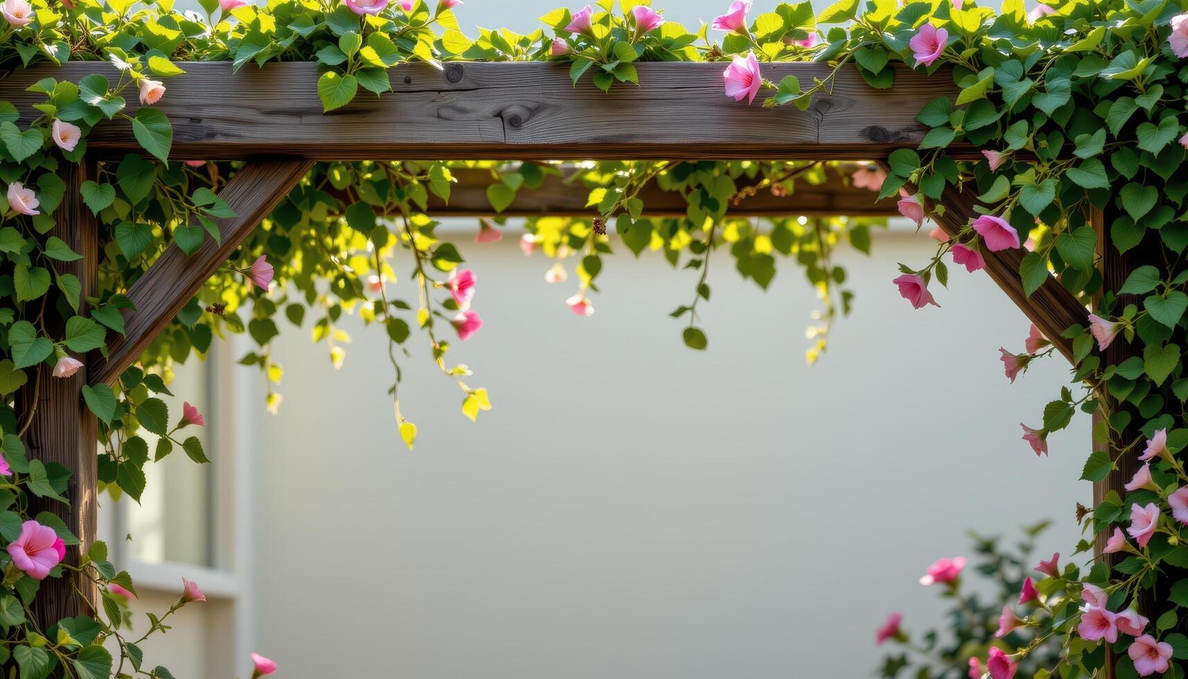 a frame of wooden beams partially overtaken by vines and ornamental flowers in soft light. photo