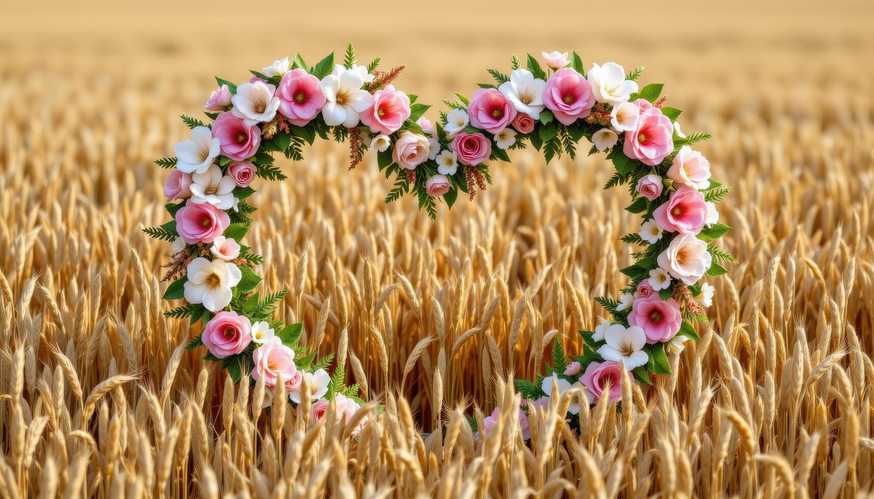 a heart inspired floral arch with symmetrical left and right petals, in soft pinks and whites, placed in a vast wheat field. photo