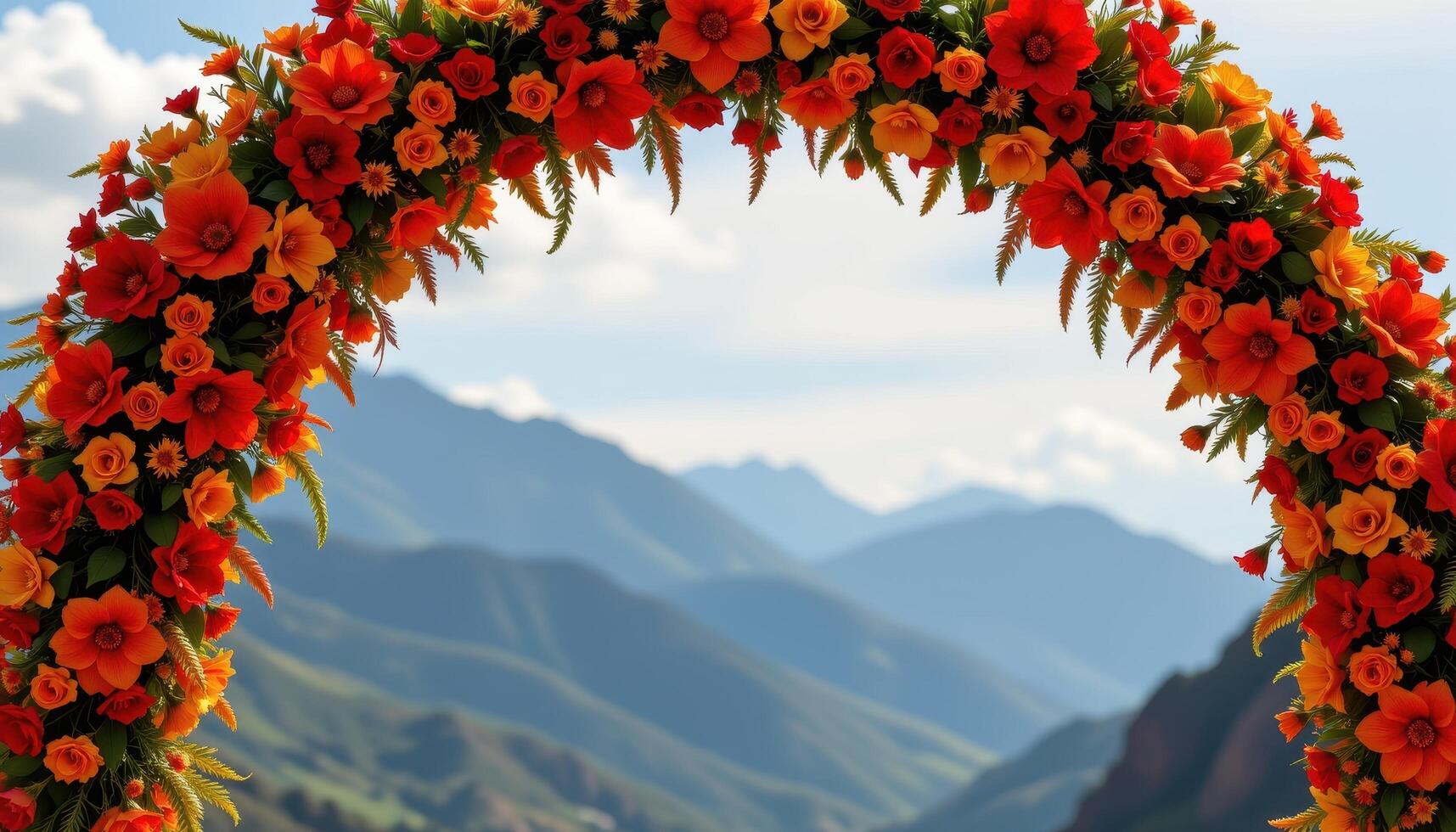 a floral arch made to resemble a phoenix rising, with red, gold, and fiery orange blooms arched dramatically upward. photo