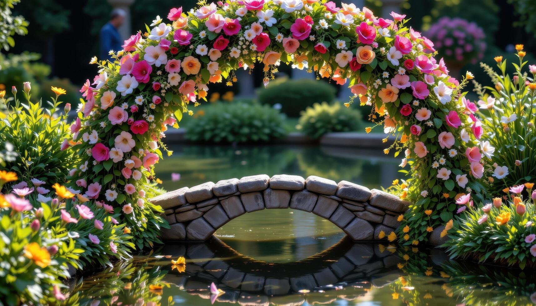 a luxurious flower arch framing a small stone bridge in the middle of a still water pond. photo