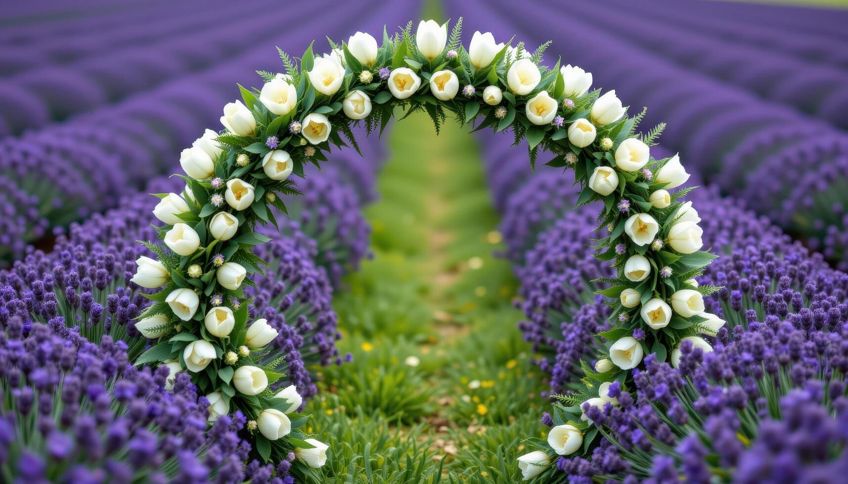 a circular gate style arch made from white tulips and silver fern leaves, rising in the middle of a lavender field. photo