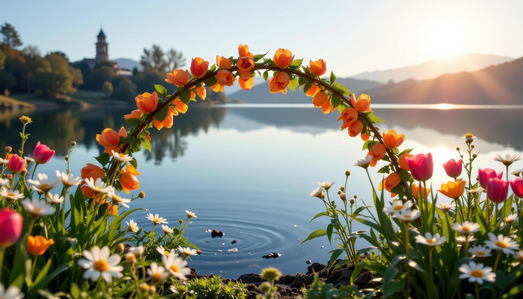 a spring inspired arch of tulips and daisies rising from the edge of a clear lake under morning light. photo