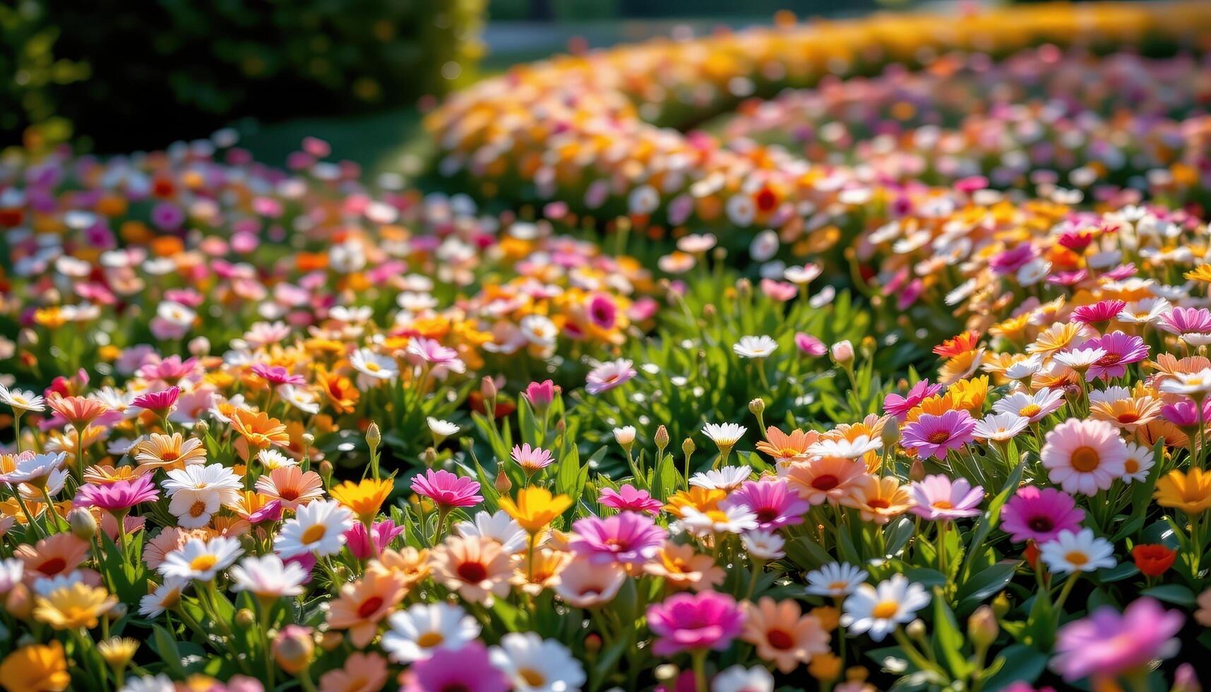 a golden ratio shaped floral curve winding naturally through a blooming flower field. photo