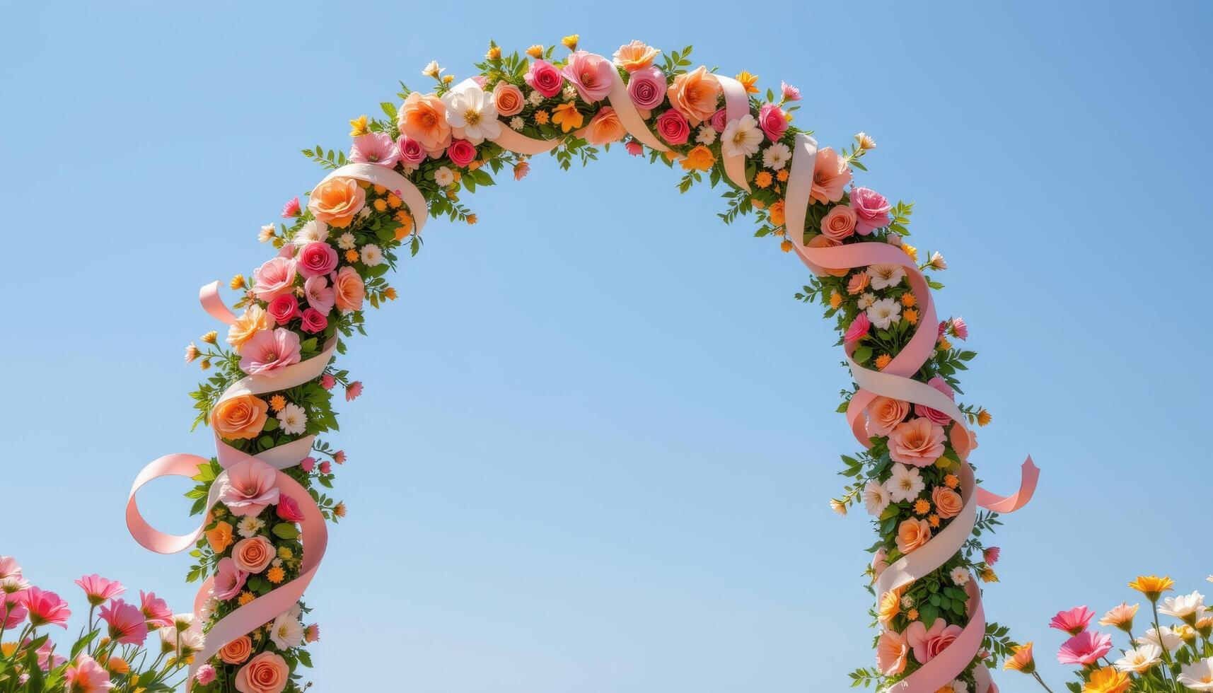 a tall vertical arch wrapped in spiraling flower patterns and soft ribbons blowing in the wind. photo