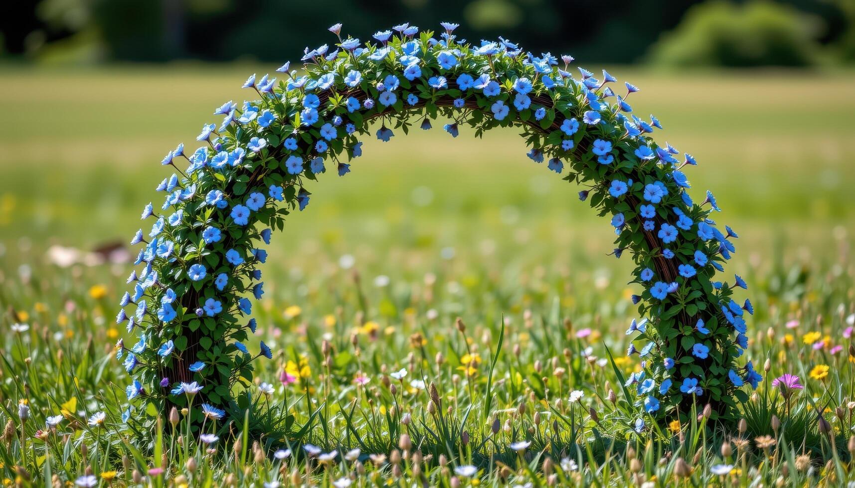 an organic arch covered in tiny blue wildflowers standing alone in an open grass field. photo