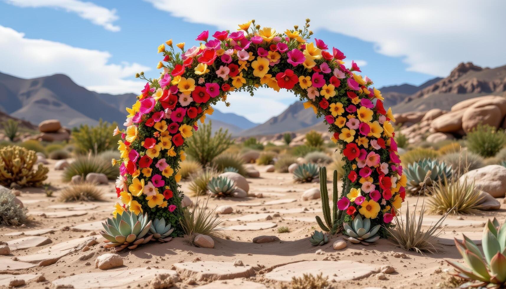 a desert flower arch standing on cracked earth, surrounded by native succulents. photo