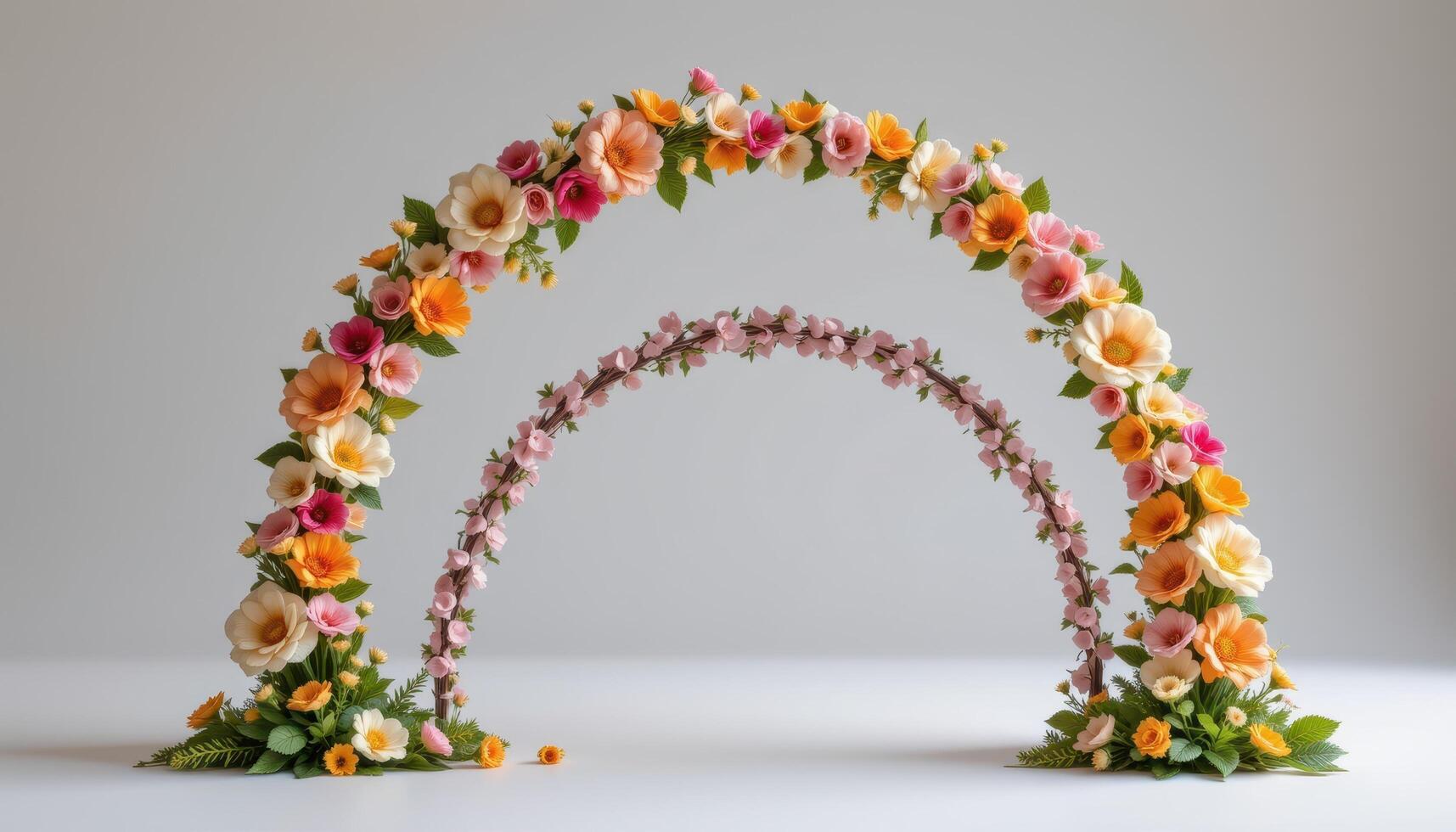 a layered trio of arches, each made with a different flower species in subtle gradient colors. photo