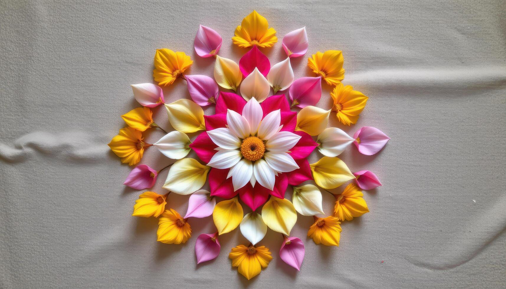 an overhead view of decorative flower petals arranged in a mandala formation on a natural cotton canvas. photo
