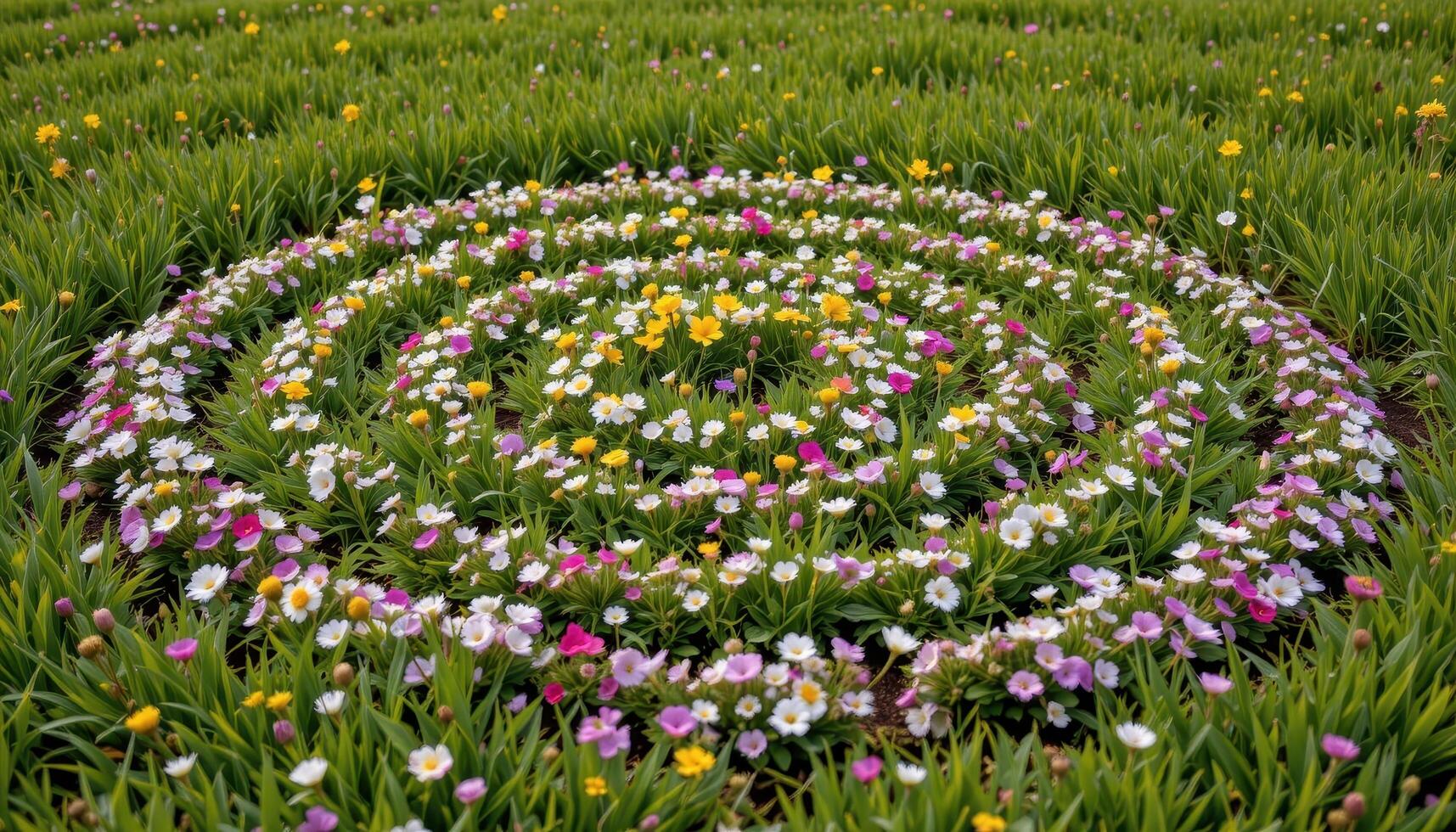a dense patch of wildflowers growing in neat concentric circles in the middle of a serene meadow. photo
