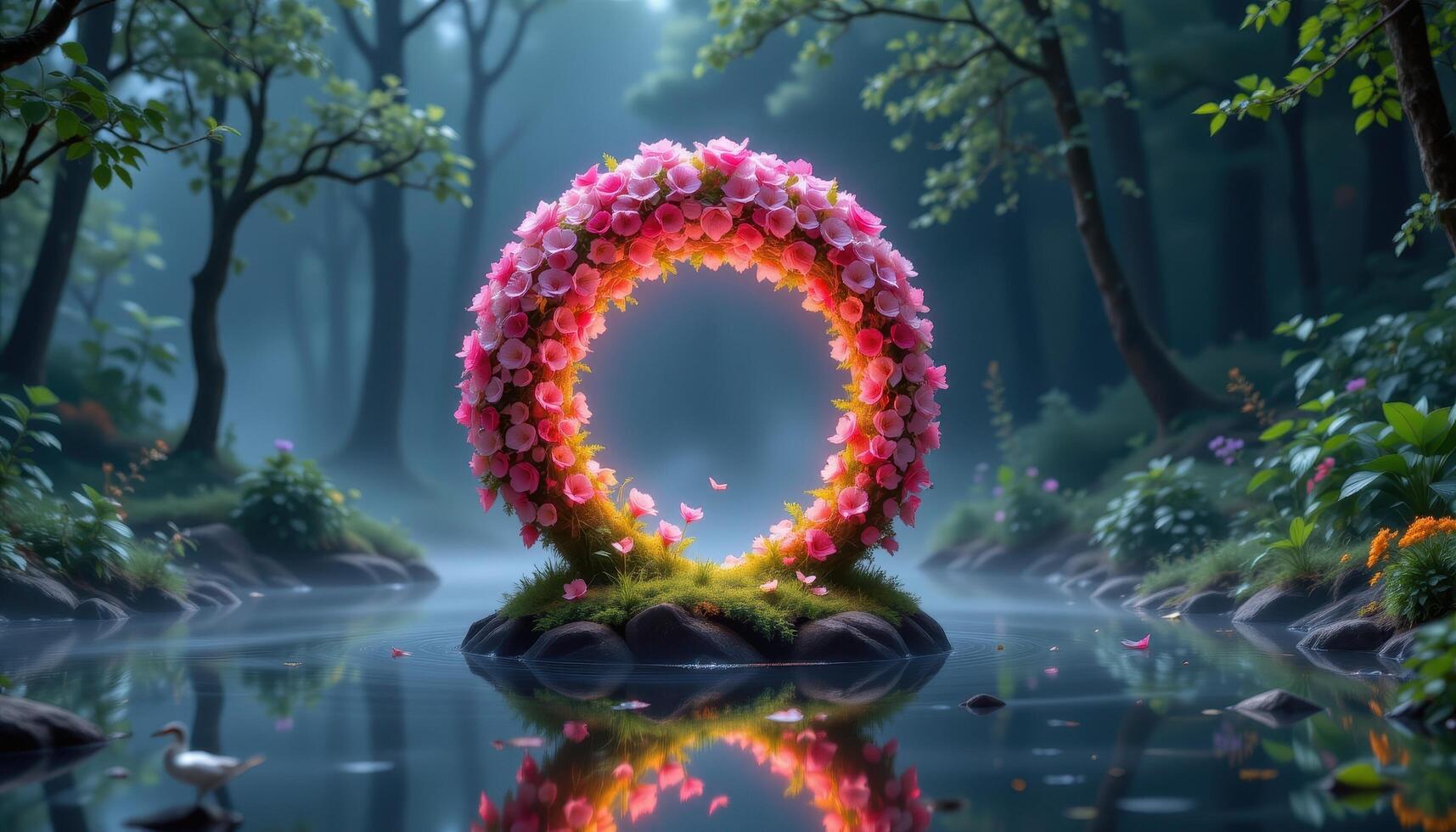 a surreal orb made entirely of glowing flowers floating gently above a shallow reflecting pool in a misty forest. photo