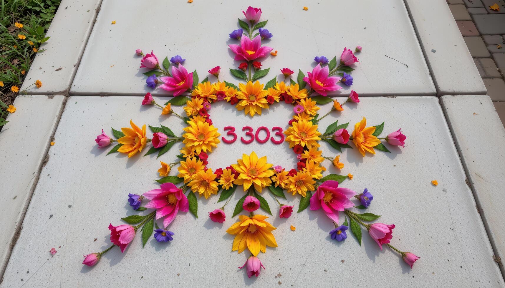 a symmetrical flower installation forming a star shape on a white concrete surface. photo