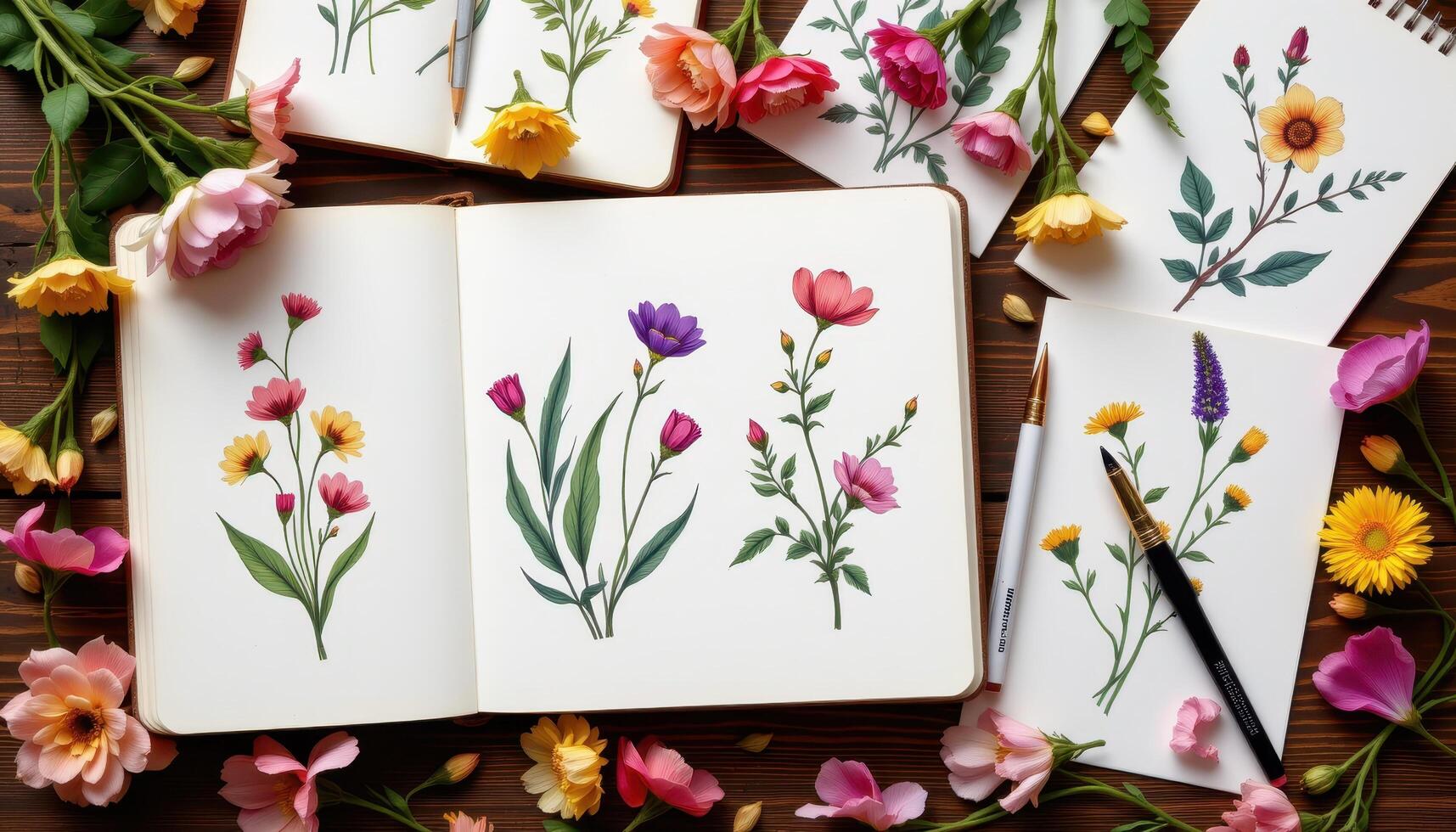 a flatlay of open sketchbooks and botanical illustrations surrounded by loose blossoms. photo