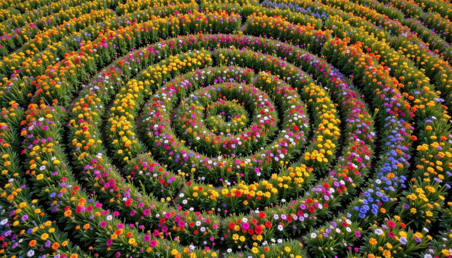 a field of wildflowers blooming in the shape of a spiral visible only from overhead. photo