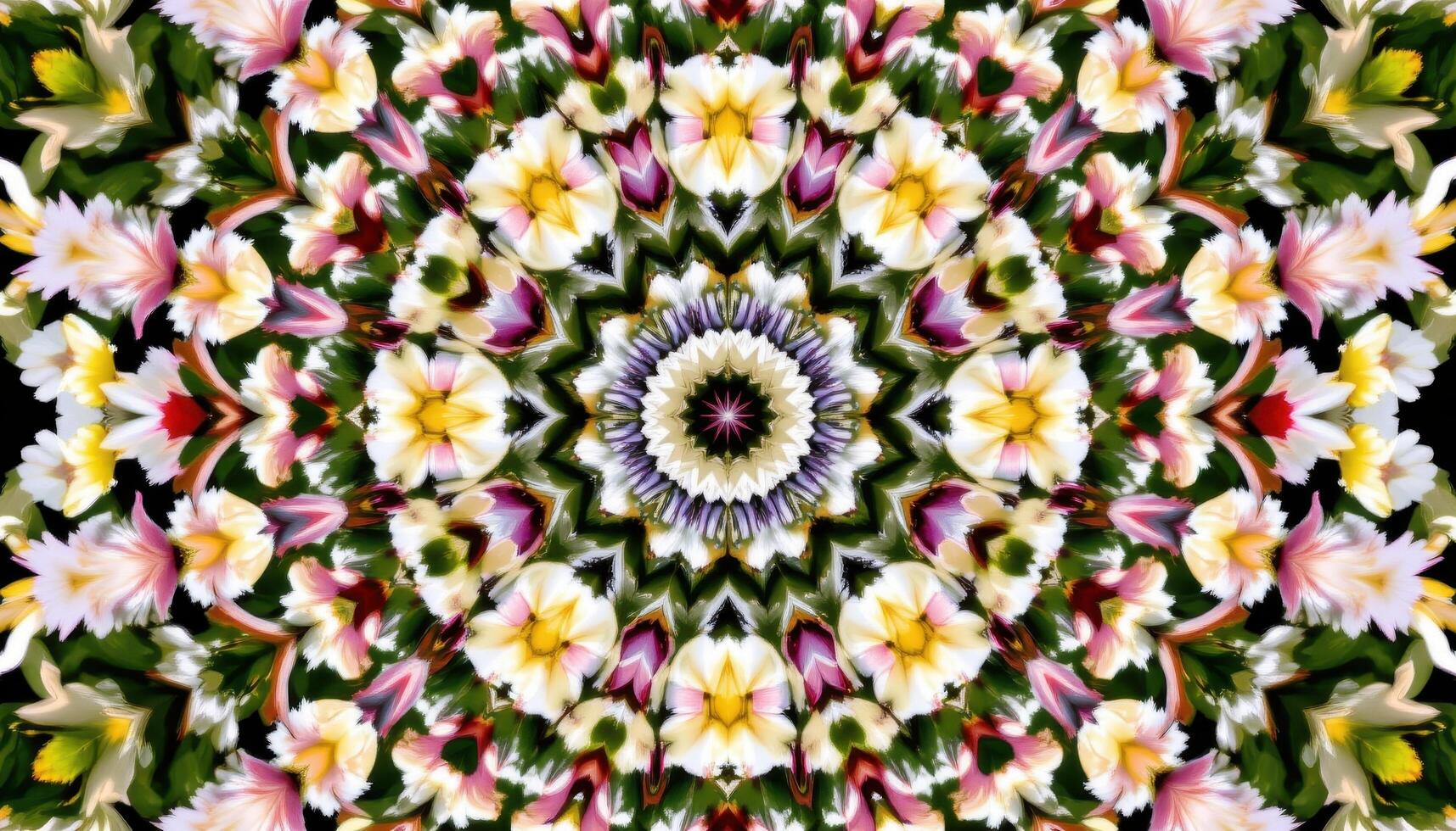 a kaleidoscopic design of mirrored flower patterns radiating outward in symmetrical circles. photo