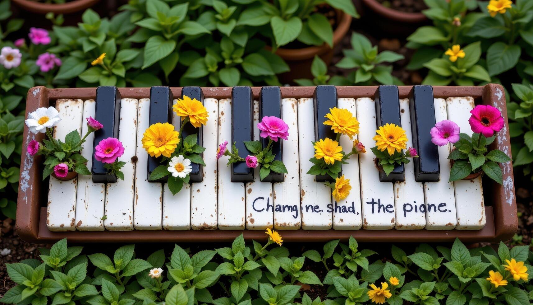 a row of flower pots arranged like piano keys, each with a bloom matching a musical note. photo