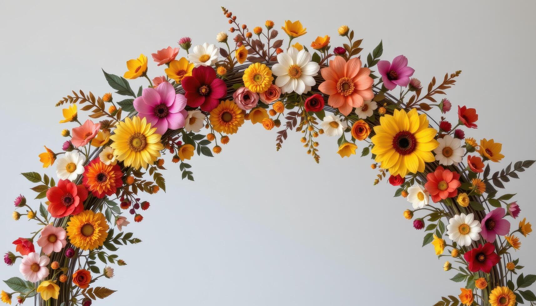 a floral arch composed of pressed and dried flowers displayed on a transparent wire frame. photo