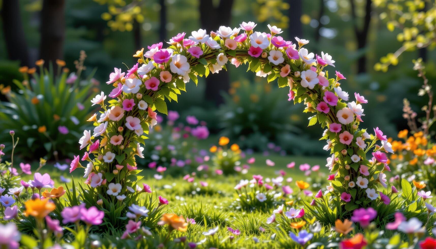 a delicate flower covered arch emerging from the ground as if growing naturally in a magical glade. photo