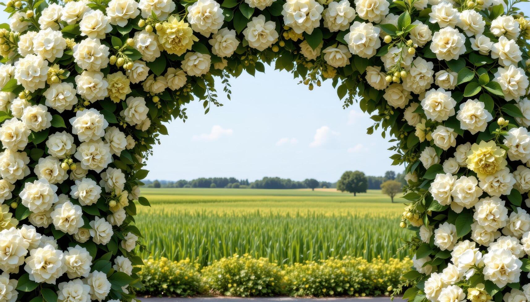 a massive arch made from white and pale green hydrangeas standing in front of an empty field. photo