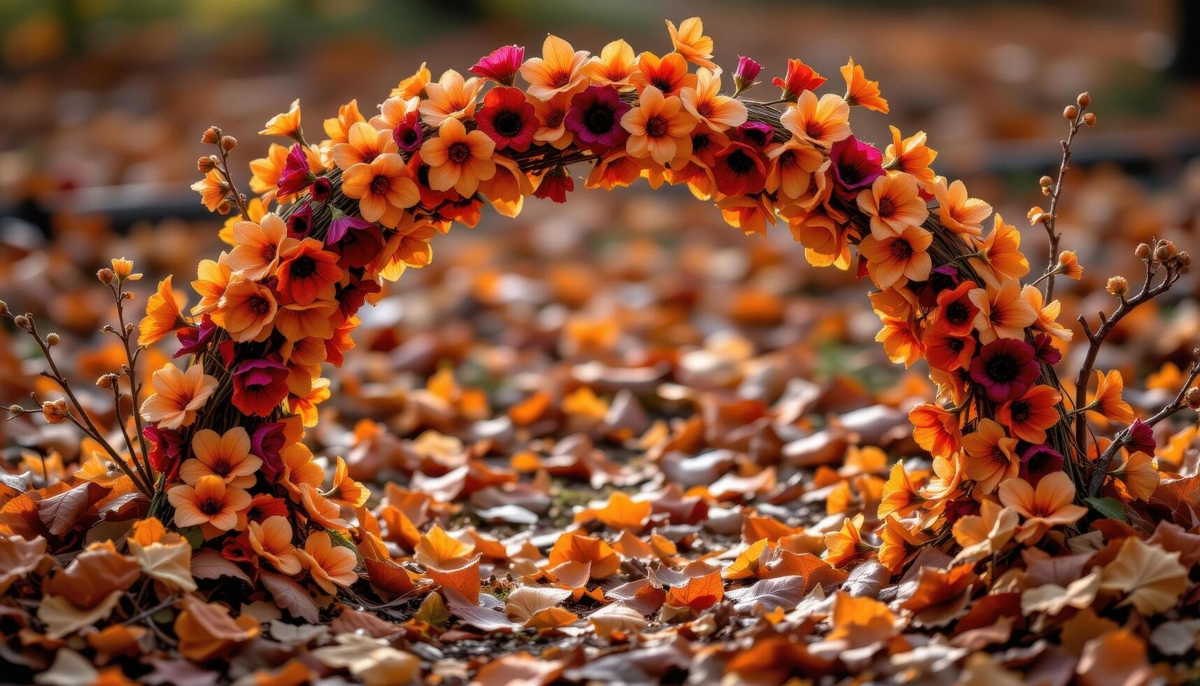 a rich autumn themed arch of burnt orange and burgundy flowers resting on a carpet of fallen leaves. photo