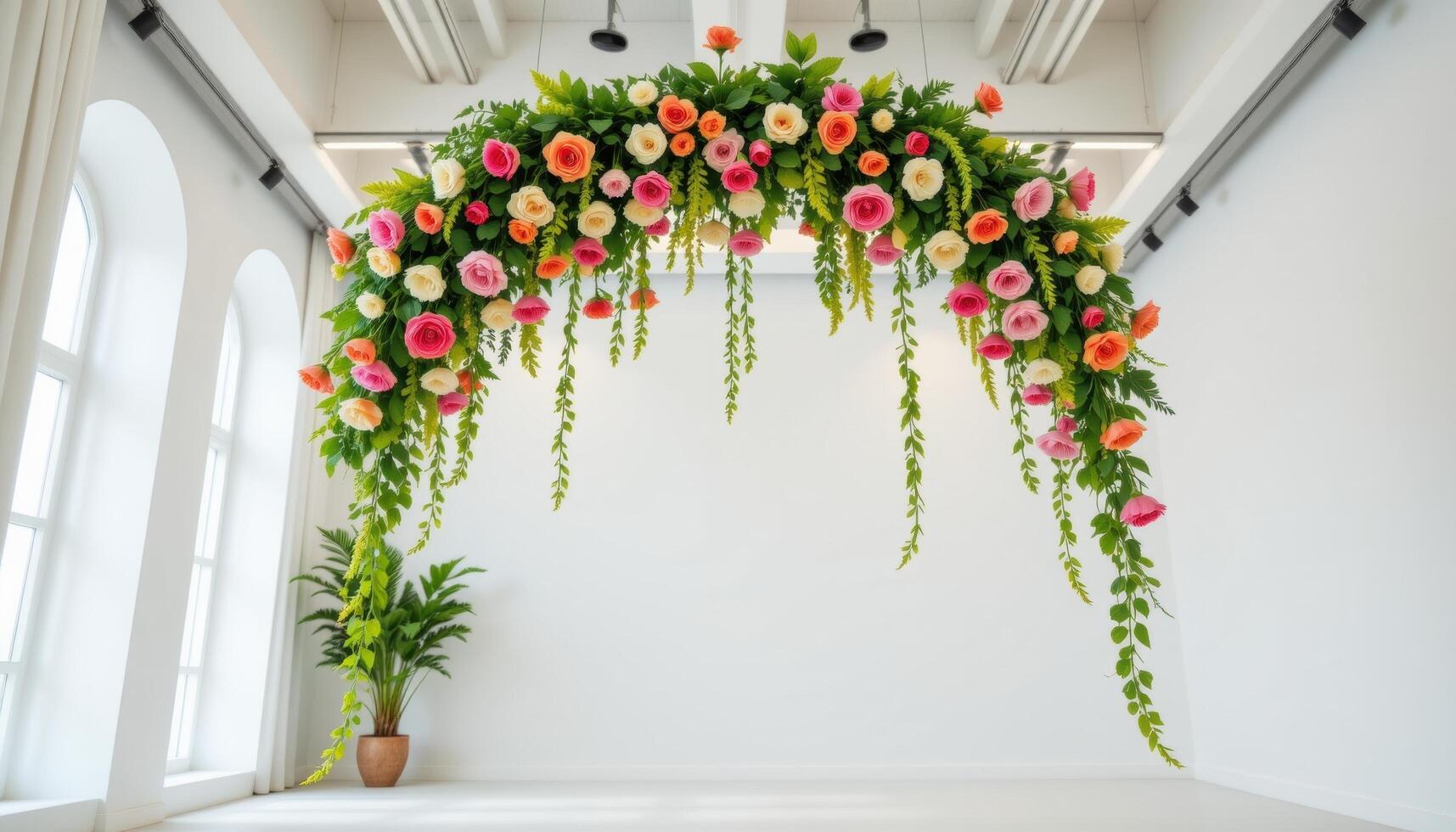 a hanging inverted flower arch dripping downward from a white ceiling in a minimal indoor room. photo