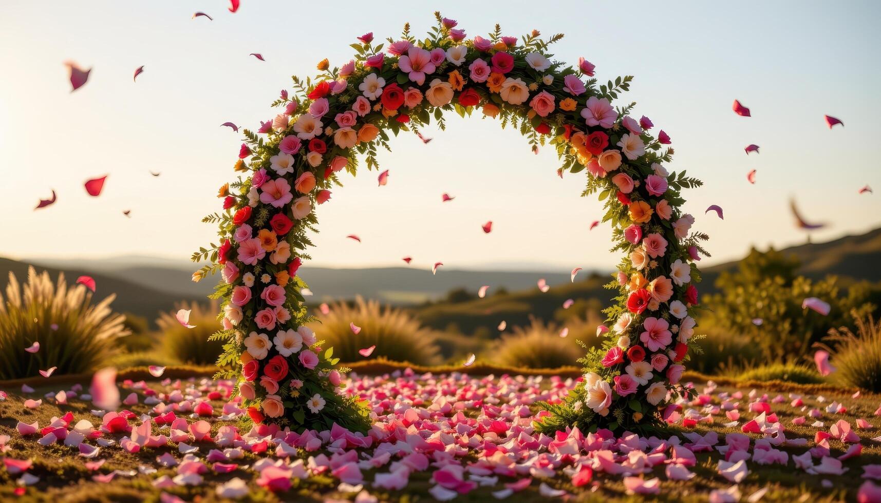 a circular floral arch floating slightly above ground surrounded by wind blown petals under evening light. photo