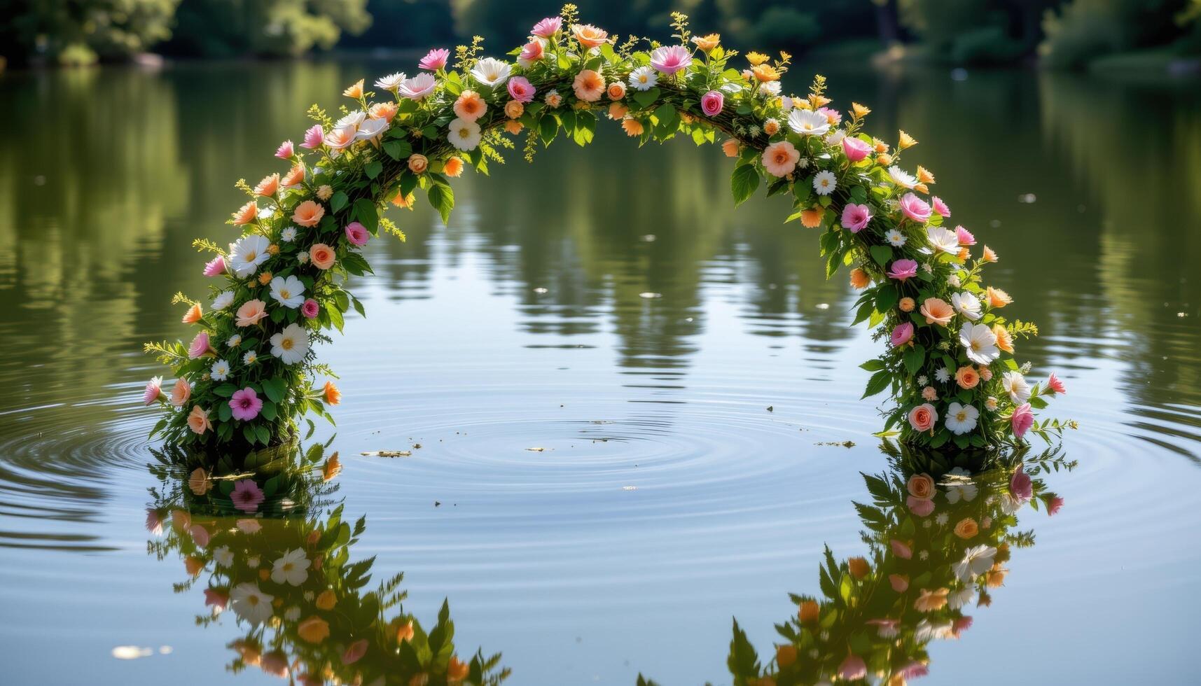 a circular floral arch emerging from the edge of a tranquil lake with perfect symmetry in its reflection. photo