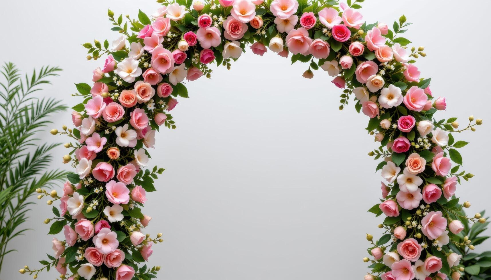 a vertical column style flower arch made of stacked blossoms and minimalist green foliage. photo
