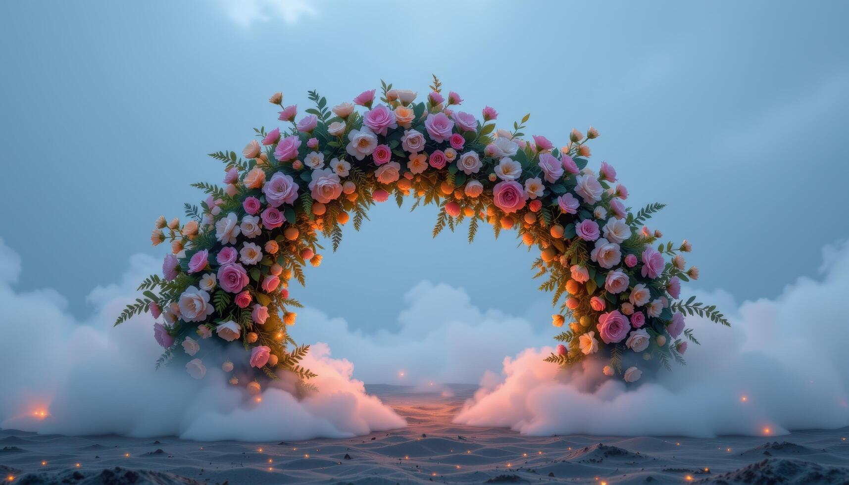 a cloud shaped floral arch floating just above ground level surrounded by fog and tiny lights. photo