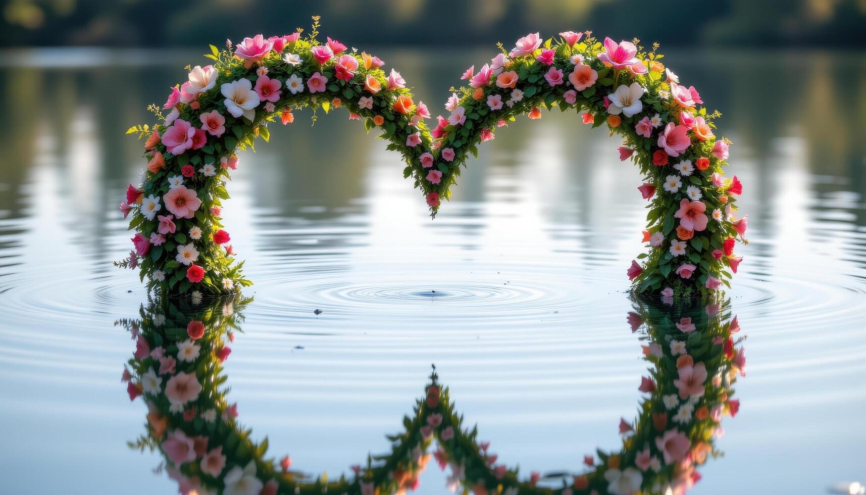 a pair of twin floral arches facing each other across a calm reflective surface. photo
