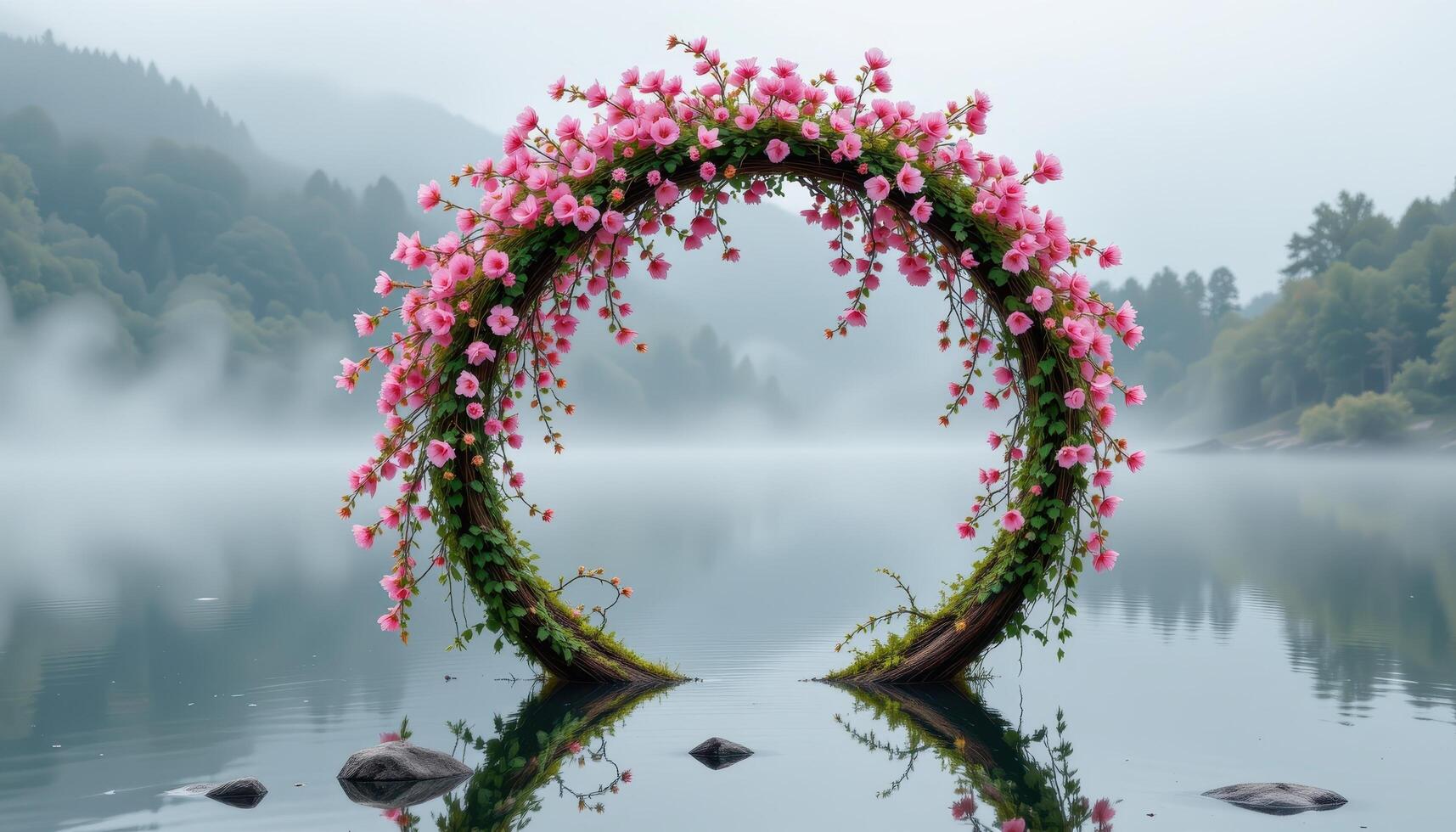 a circular arch made of pink cherry blossoms and trailing green vines floating above a mirror like lake surrounded by fog. photo
