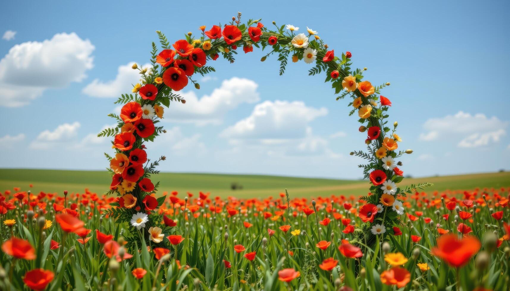 a high floral arc placed in the middle of a quiet field filled with wild poppies. photo