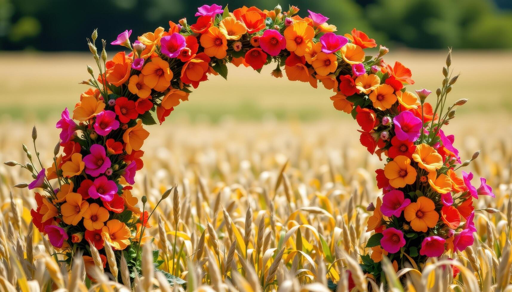 a vibrant arch of orange and fuchsia flowers in a circular frame standing in a field of wheat. photo