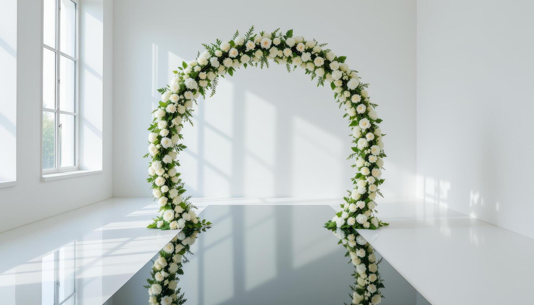 a delicate white floral arch standing on a reflective glass floor in a minimal white room. photo