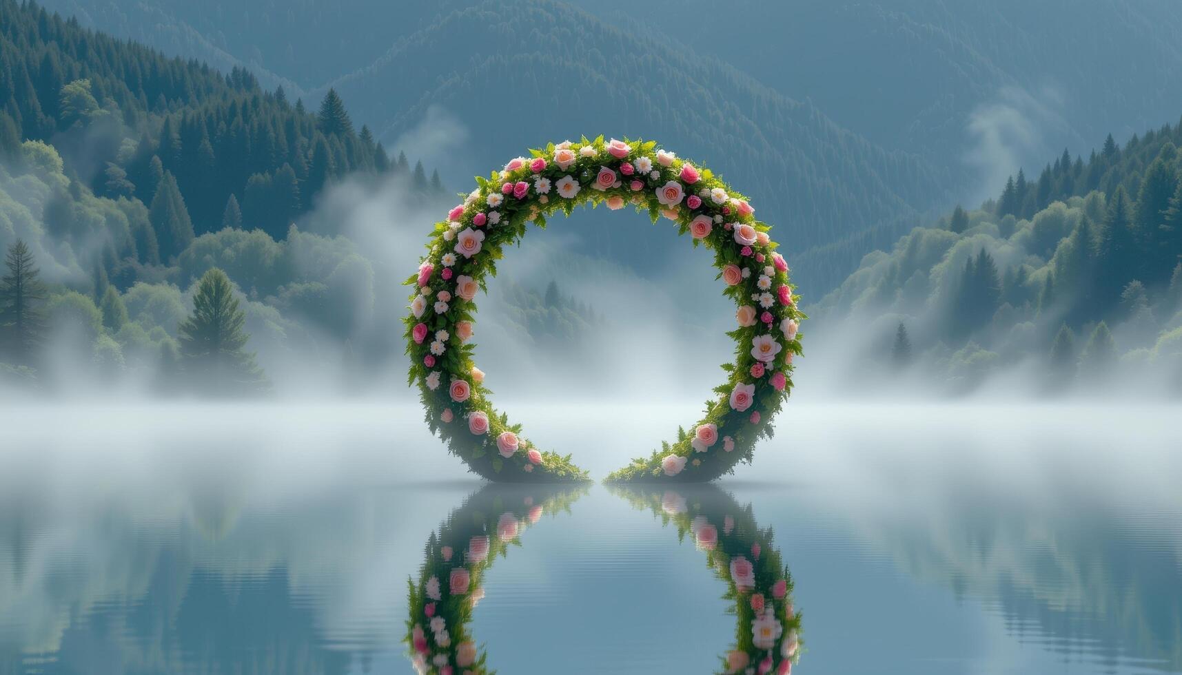 a floating ring shaped floral arch suspended in mist above a mirror like lake surface. photo