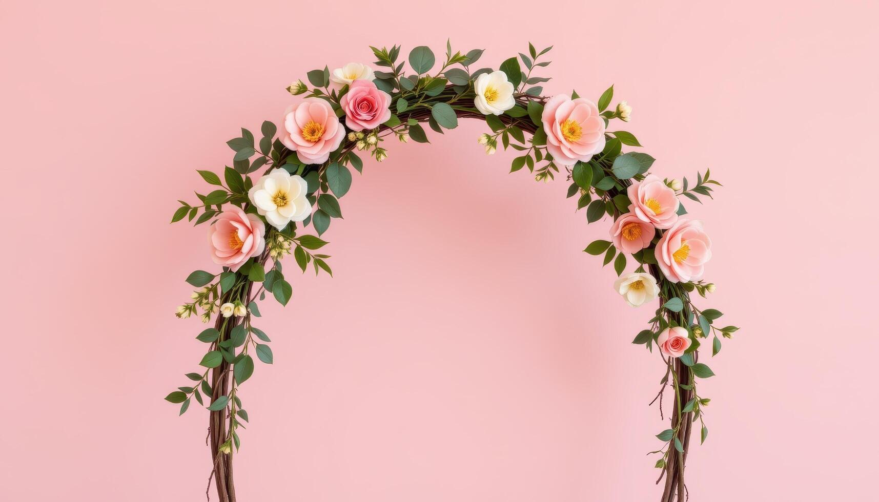 a minimalist flower arch crafted from slender branches and adorned with clusters of soft pink camellias, white ranunculus, and eucalyptus, arranged in modern style free from living beings. photo