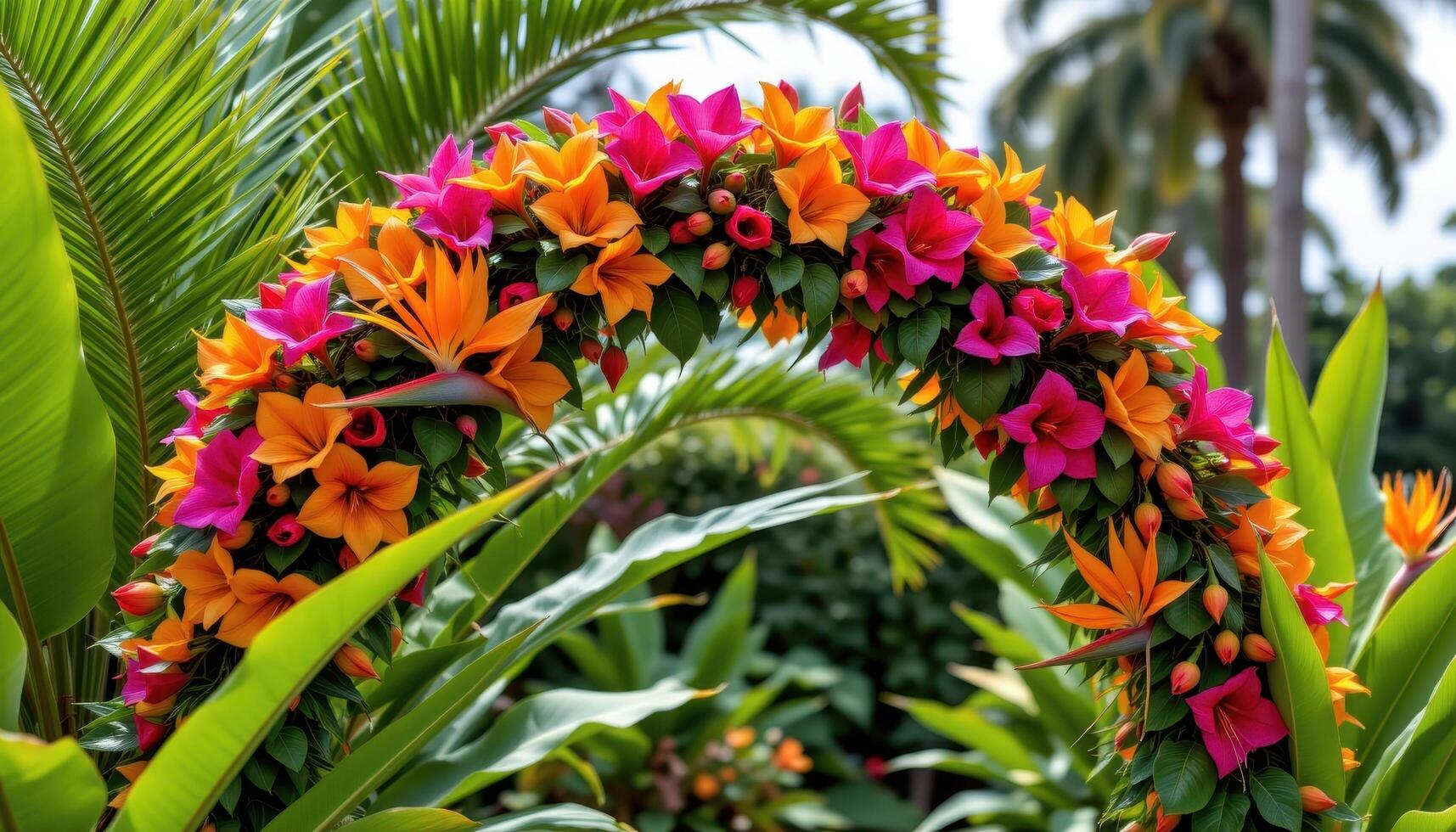 a tropical flower arch bursting with colorful heliconia, bright orange bird of paradise, and large palm leaves, creating a bold and lively garden focal point. photo