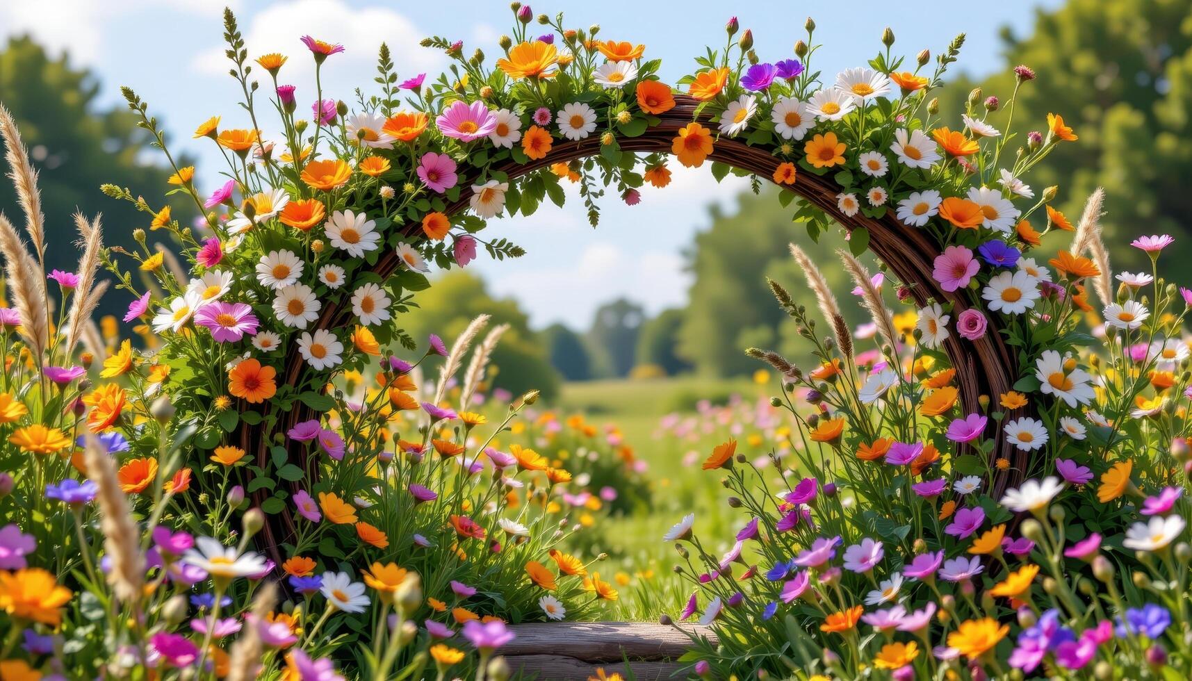a whimsical flower arch bursting with colorful daisies, cornflowers, and wild grasses, entwined with rustic wood and bathed in warm afternoon sunlight with no living creatures present. photo