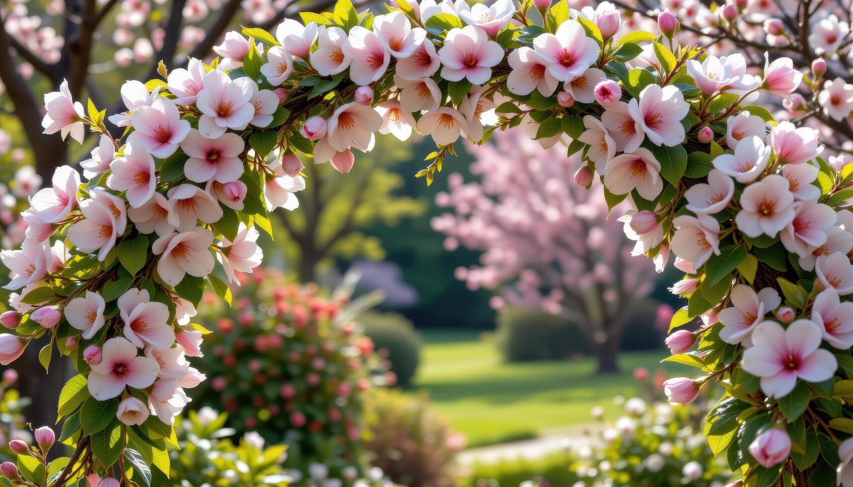 a delicate spring flower arch featuring cherry blossoms, white magnolias, and soft green foliage, glowing gently in natural daylight without animals or people nearby. photo
