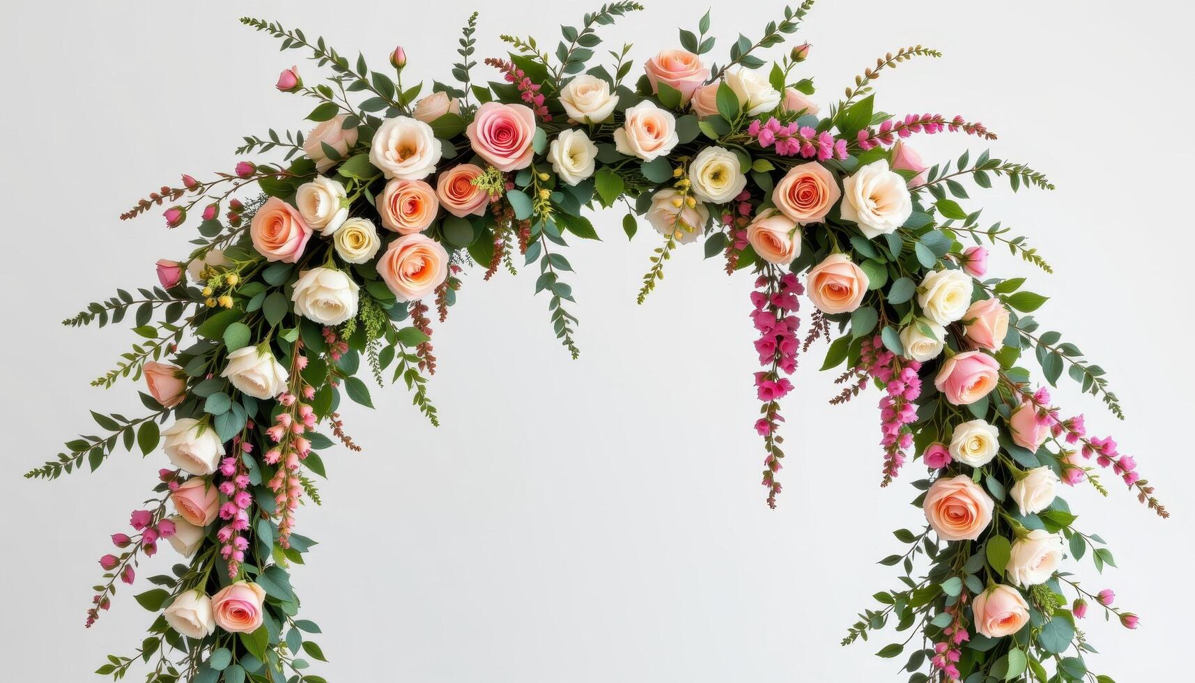 an artistic flower arch designed with wild eucalyptus branches, delicate pink and white roses, and trailing amaranthus, blending rustic charm with sophisticated elegance. photo