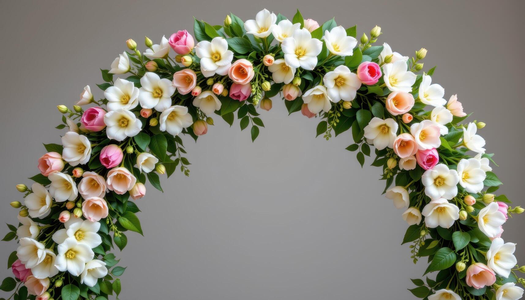 a graceful flower arch adorned with pastel colored tulips, soft white gardenias, and trailing ivy, evoking a gentle and romantic springtime atmosphere. photo