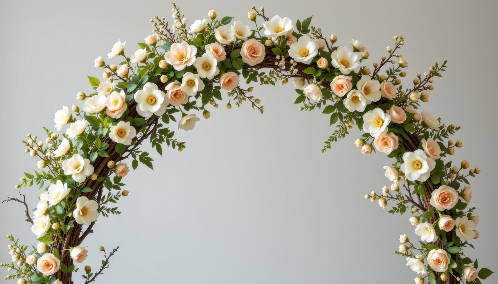 a minimalist flower arch constructed from slender branches and adorned with clusters of white ranunculus, dusty miller, and soft peach blossoms, creating a clean and airy visual centerpiece. photo