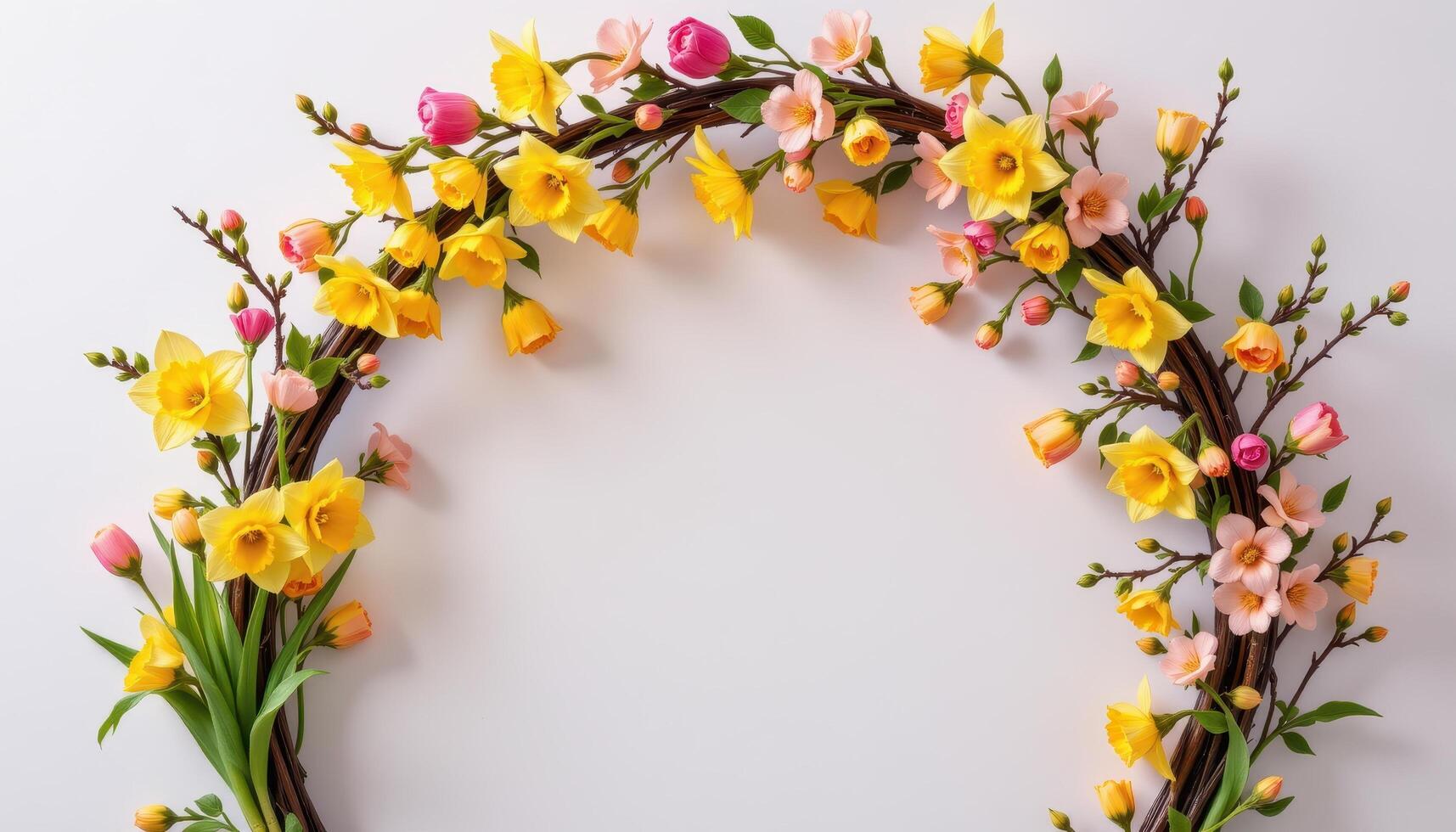 a charming spring flower arch made with tulips, daffodils, and cherry blossoms intertwined with fresh green branches, creating a cheerful and inviting scene. photo