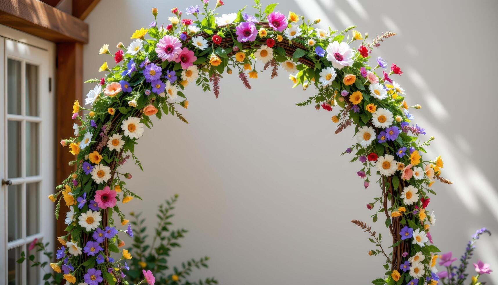 a whimsical arch crafted with wildflowers like daisies, cornflowers, and lavender, woven through rustic wooden beams and bathed in soft, natural light. photo