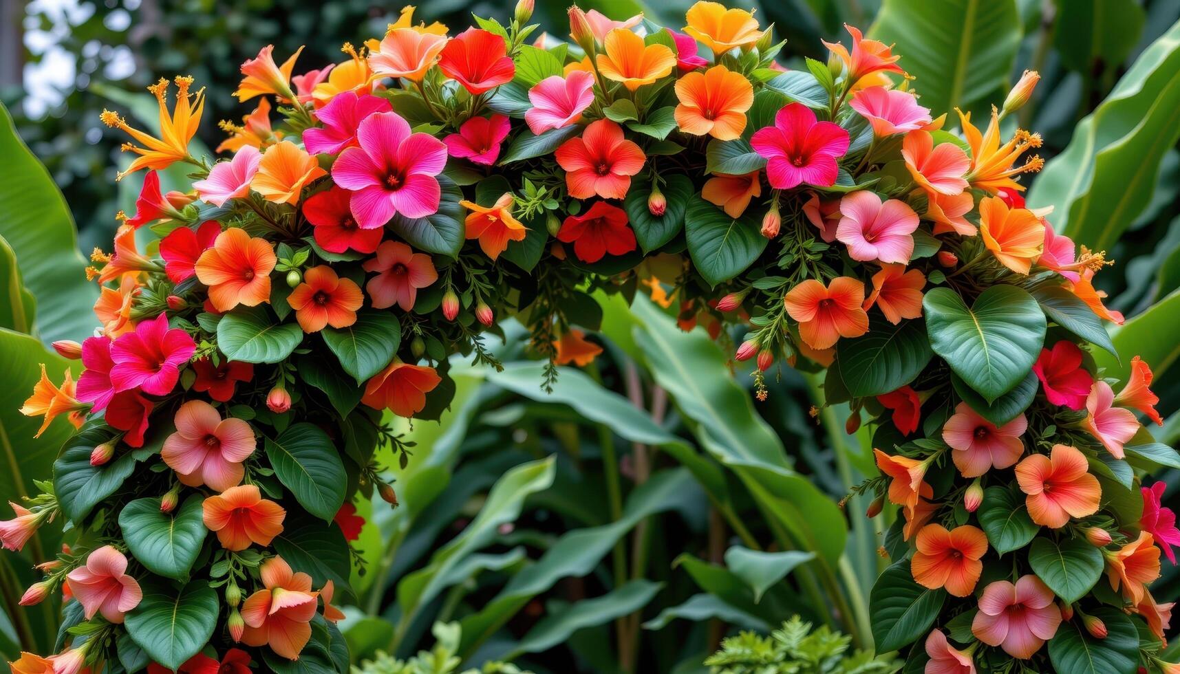 a bold tropical flower arch overflowing with vibrant hibiscus, bright orange bird of paradise, and large glossy monstera leaves, creating a lively garden focal point. photo