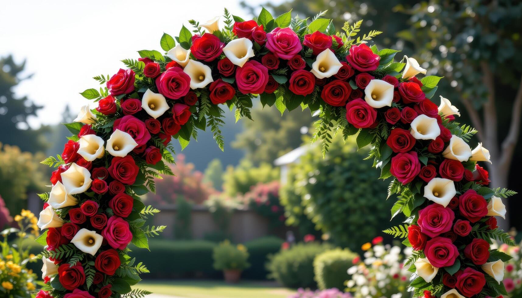 a dramatic floral arch adorned with deep red roses, ivory calla lilies, and lush green leaves, designed to create an intimate atmosphere in a secluded garden area with no animals or people. photo