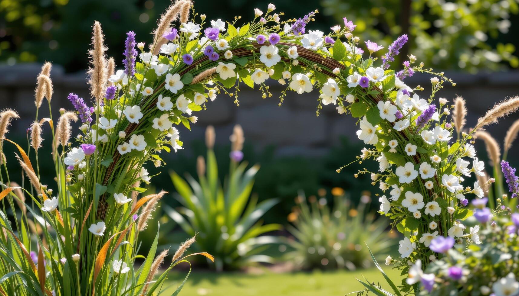 a natural flower arch adorned with wild grasses, lavender sprigs, and delicate white blossoms, situated in a secluded outdoor space radiating peacefulness and free from people or animals. photo