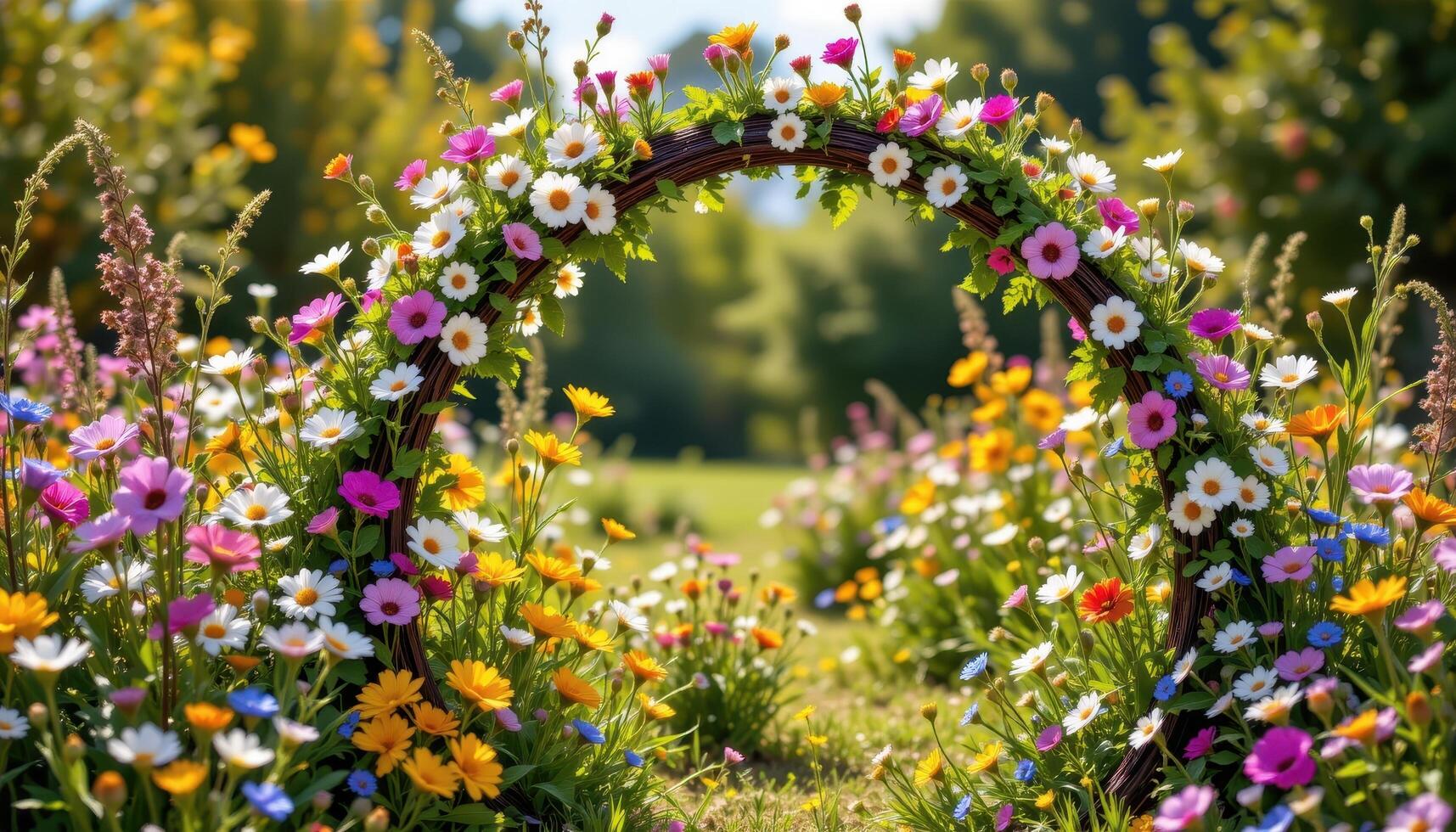 a whimsical flower arch bursting with colorful daisies, cornflowers, and wild grasses, entwined with rustic wood and bathed in warm afternoon sunlight, free from any living presence. photo